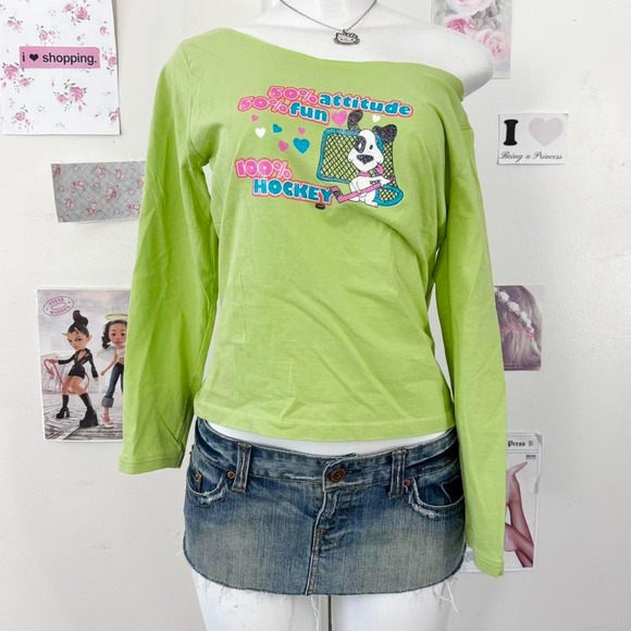 Tops - Y2K Lime Green Graphic Baby Tee – "100% Hockey" Dog Print